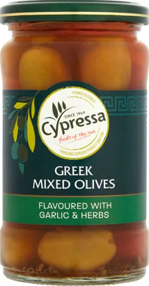 Cypressa Mixed Greek  Olives flavoured with Garlic & Herbs 315g